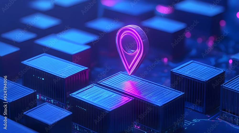 Poster futuristic digital location pin glowing on a network of illuminated blue computer chips symbolizing 