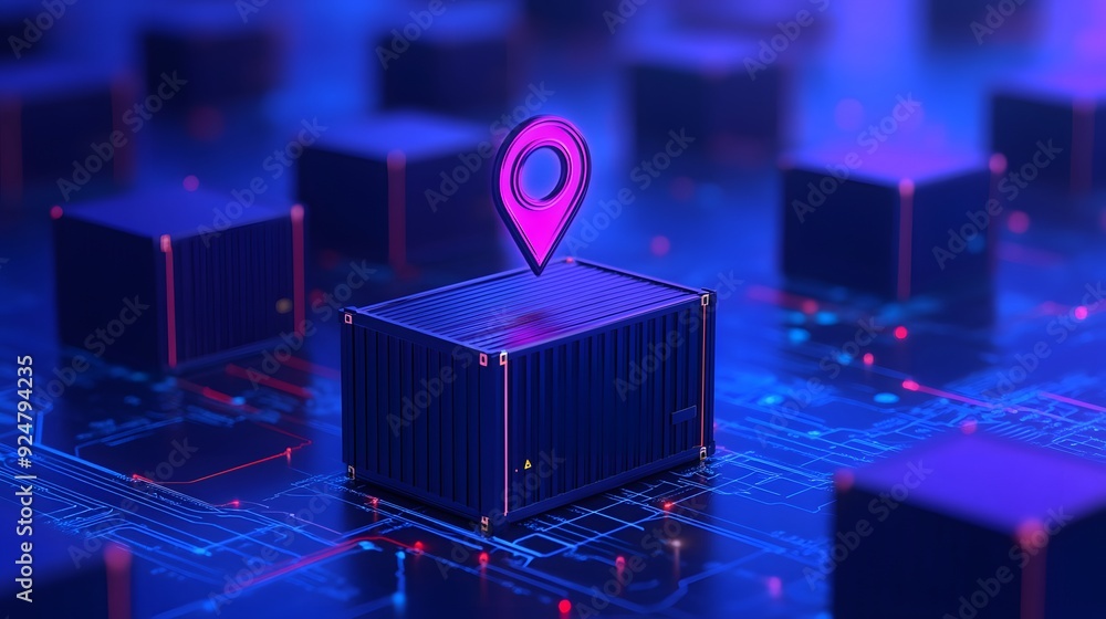 Poster futuristic digital logistics concept with a container and gps marker on a blue illuminated network.