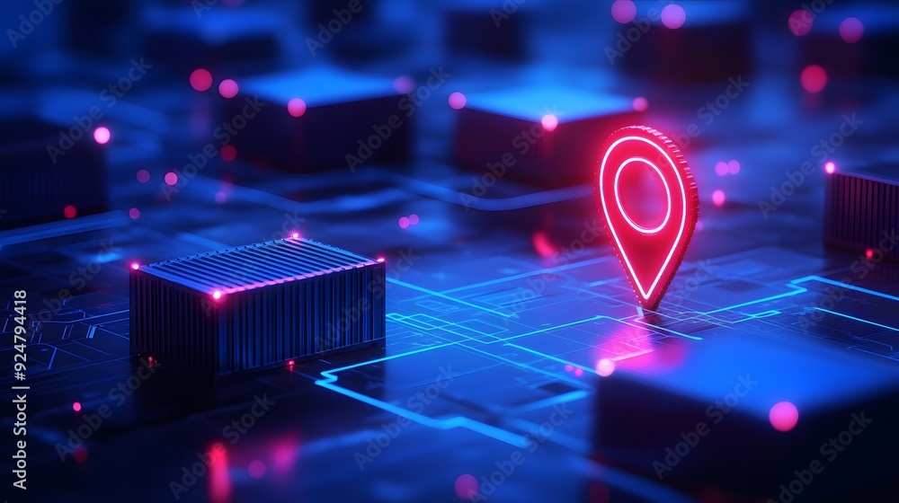 Aufkleber futuristic digital map with glowing location pin on a circuit board, illustrating technology and con