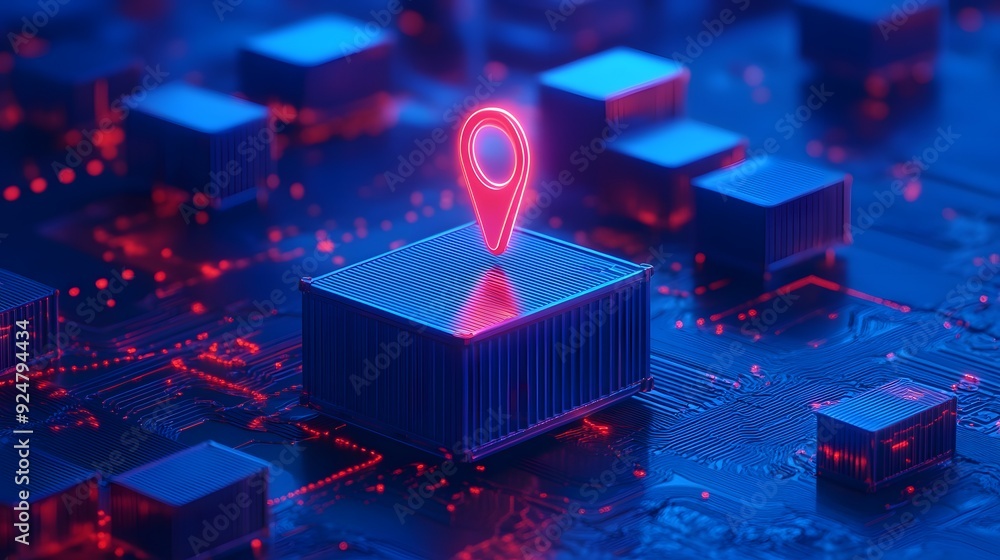 Poster futuristic digital map with glowing red location marker, illustrating modern gps technology and adva