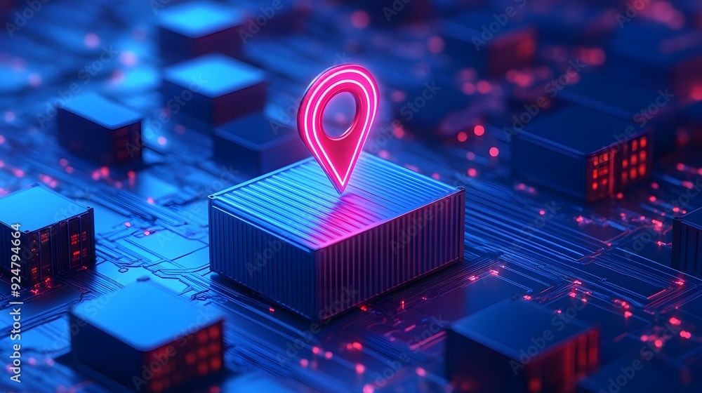 Poster futuristic digital map with pinpoint location icon on a circuit board, representing technology, navi