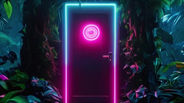 Mysterious door or portal with neon light in the jungle in synth wave style Journey to a Parallel Universe, Illuminated Portal Reval Path into a Hidden Realm created with generative ai