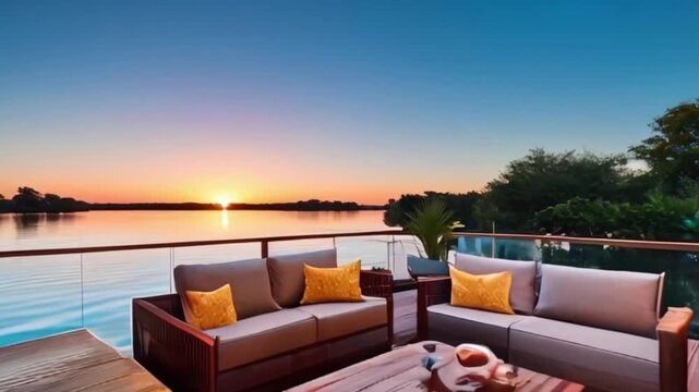 Outdoor terrace with comfortable furniture on a wooden deck. Calm water of pool at sunset created with generative ai