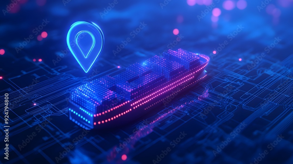 Poster futuristic digital representation of a cargo ship with a neon location pin, navigating through a vir