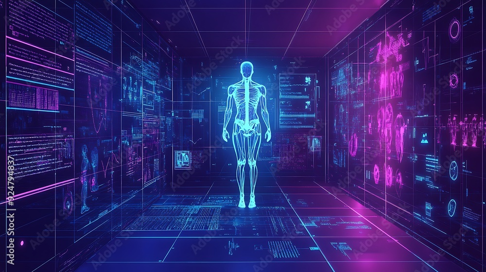 Poster digital wellness center with ai-guided health programs and interactive holographic diagnostics