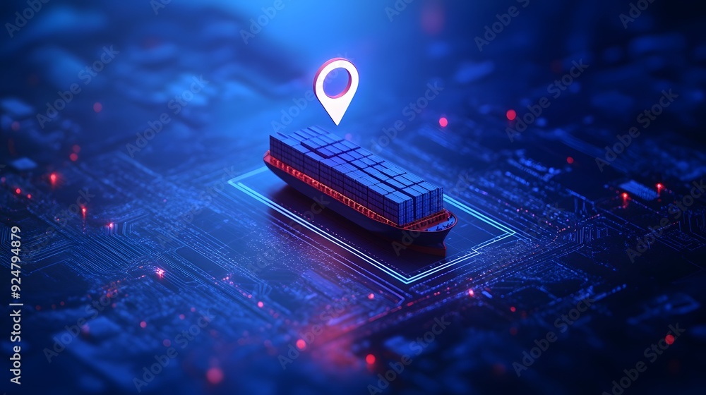 Poster futuristic digital representation of a cargo ship with gps location marker on a high-tech circuit bo
