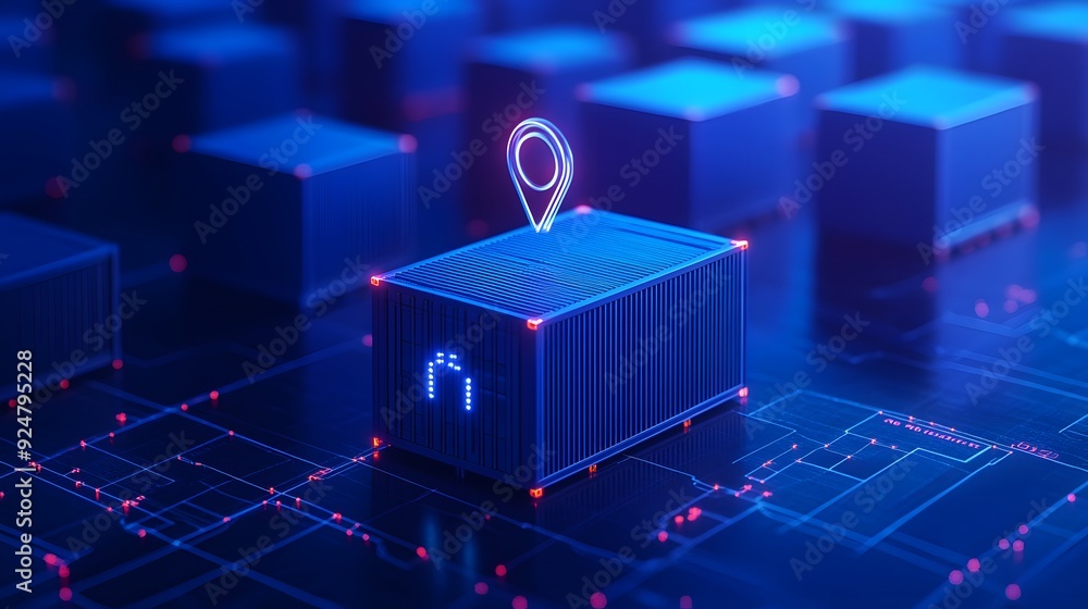 Poster Futuristic digital representation of logistics and shipment tracking using advanced technology and data visualization in a virtual environment.