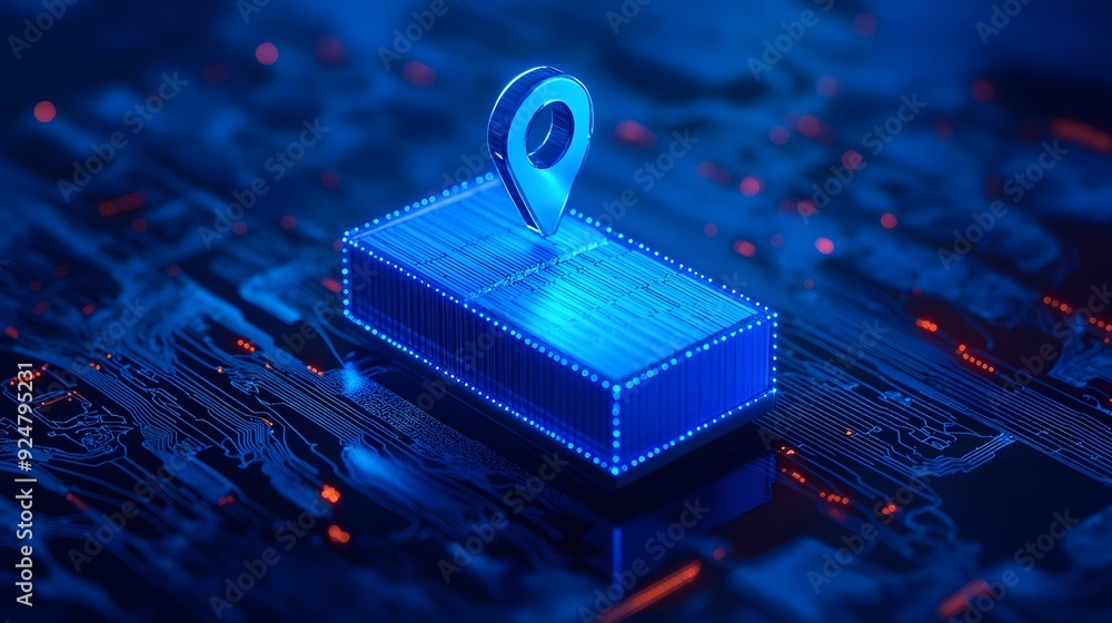 Poster futuristic digital representation of logistics container with location pin icon on a blue circuit bo