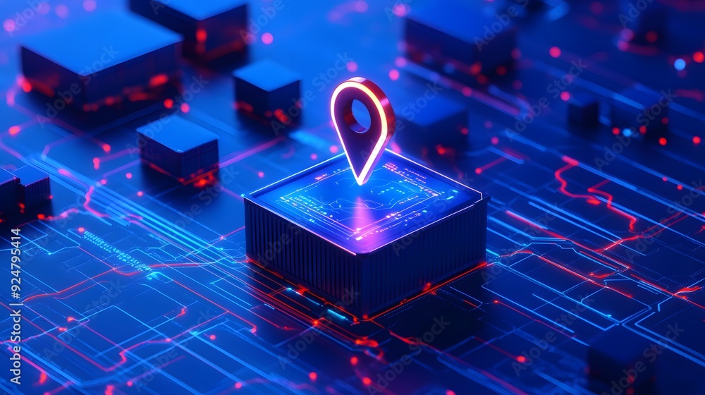 Poster futuristic digital technology concept with glowing location pin on circuit board representing modern