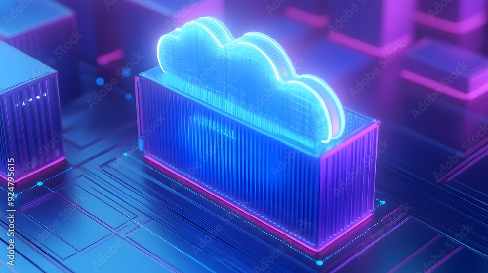 Poster futuristic glowing cloud computing technology concept with neon lights showcasing digital data stora
