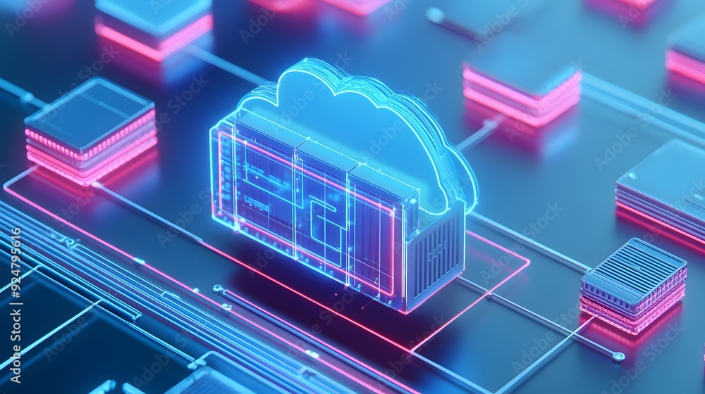 Poster futuristic glowing cloud computing technology illustration with vibrant colors representing data sto