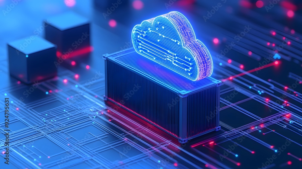 Poster futuristic glowing cloud icon on a server indicating cloud computing, digital storage and network te