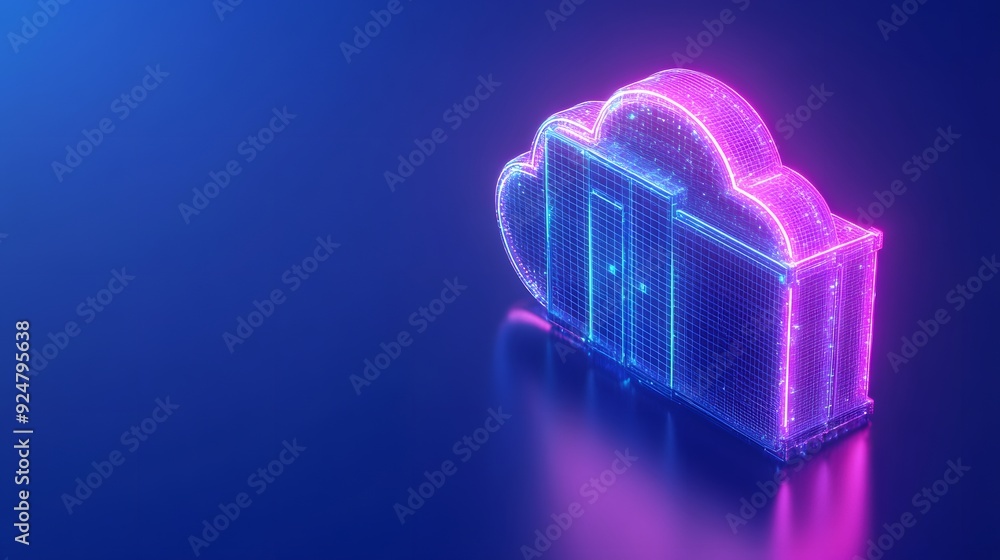 Poster futuristic glowing cloud server with neon lights, symbolizing advanced cloud computing technology an