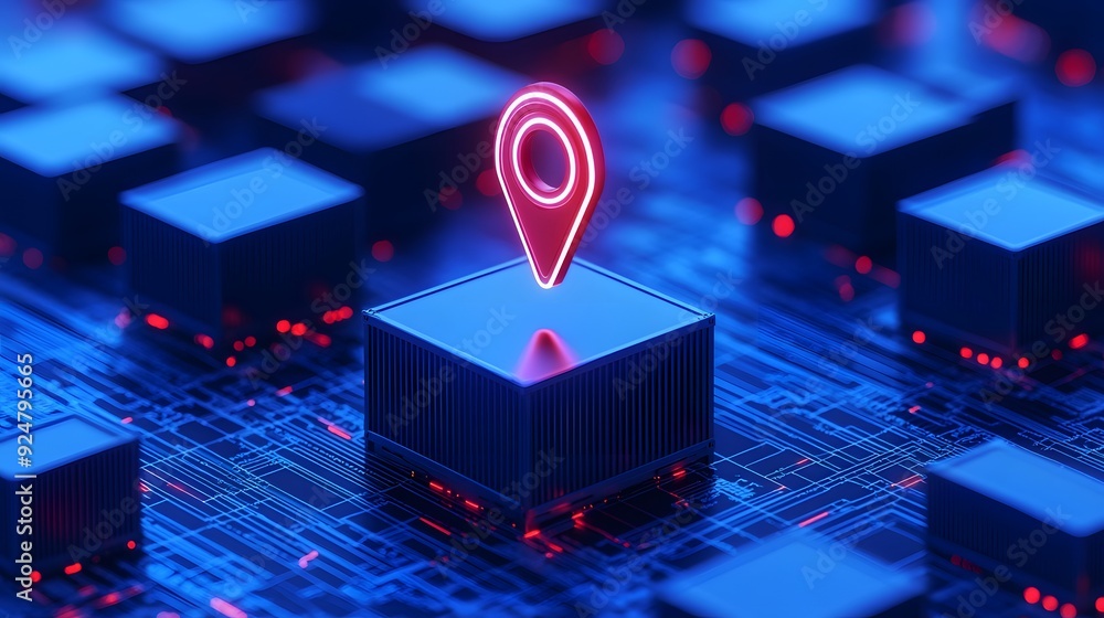Poster futuristic glowing location pin on abstract digital grid, representing navigation, geography, or tec