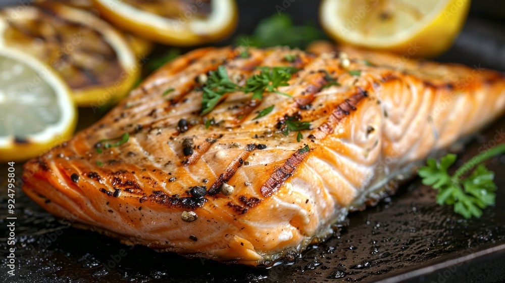 Sticker Juicy grilled salmon fillet garnished with herbs and lemon slices is a delicious main dish. This image captures the essence of healthy eating and gourmet cooking. AI