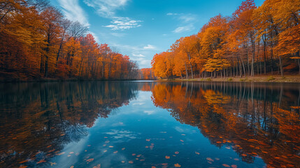 Naklejka premium autumn reflection by the lake with clear water and colorful trees mirrored, capturing a tranquil fall moment in a harmonious natural scene.