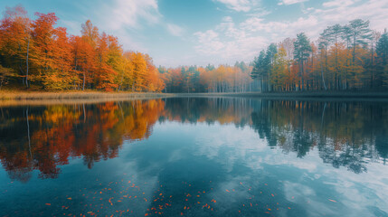 Fototapeta premium autumn reflection by the lake with clear water and colorful trees mirrored, capturing a tranquil fall moment in a harmonious natural scene.