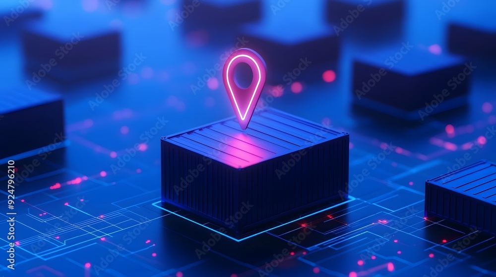 Poster futuristic logistics concept showing a glowing geo-marker on a digital grid over a cubic container, 