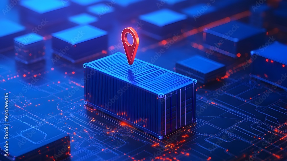 Poster futuristic logistics technology concept. 3d container with a red location pin symbolizing tracking a