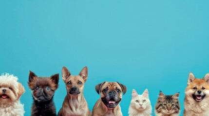 A colorful group of adorable pets lined up. This image features various dog breeds and a few cats against a bright blue background. Ideal for pet lovers and animal enthusiasts. AI