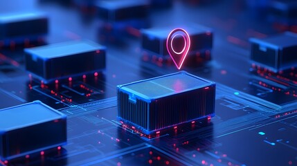 Futuristic logistics technology with digital location pin on circuit board representing efficient delivery and supply chain management.
