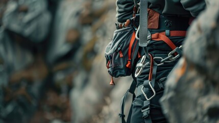 climbing harness in use, showing the attachment points and safety features