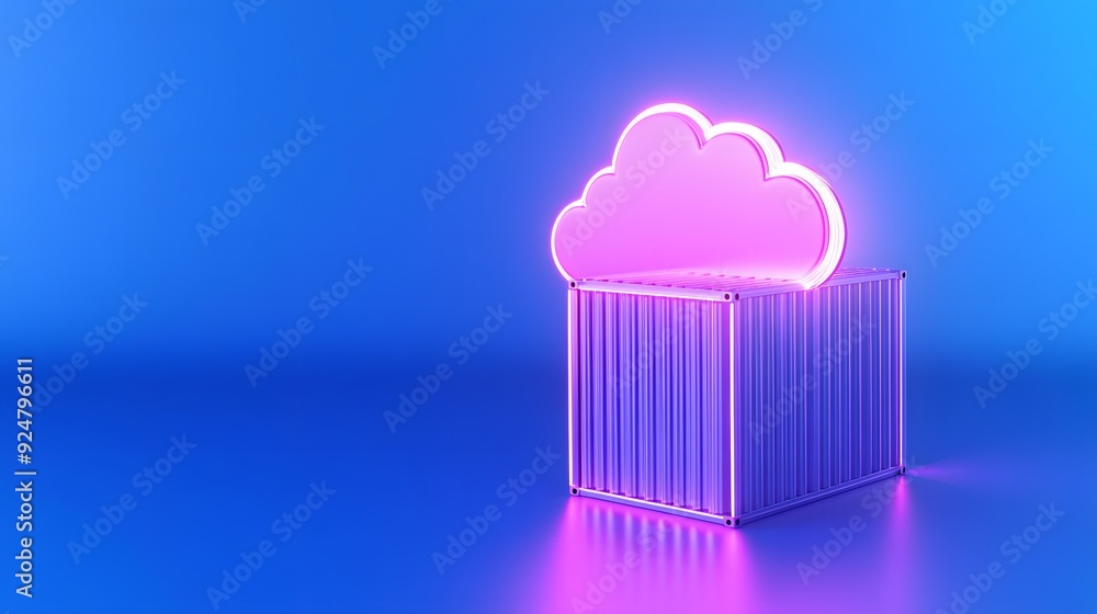Poster futuristic neon cloud computing concept with a glowing pink cloud and a container against a blue bac