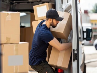 Construction workers carrying cardboard boxes on a city street during the day