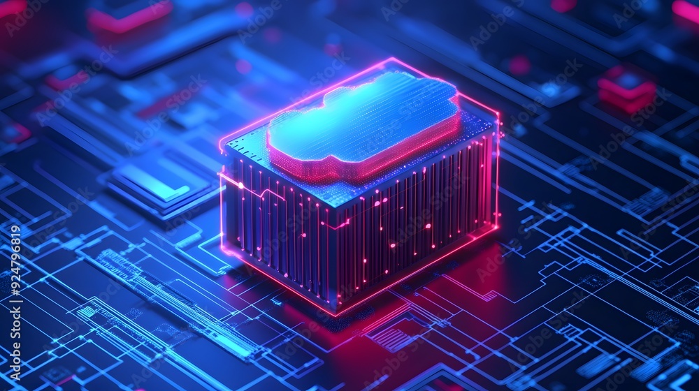 Poster futuristic neon glowing microchip on a digital circuit board, representing advanced technology and i