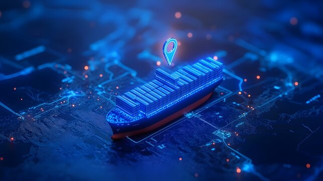 Futuristic representation of a ship with GPS tracking on digital blue map, symbolizing advanced maritime navigation technology.