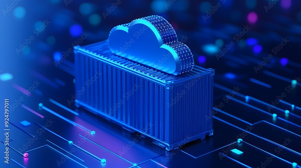 Poster futuristic representation of cloud computing services with a 3d container and digital background, sy
