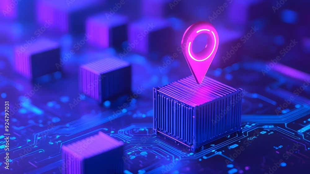 Aufkleber futuristic representation of logistics with glowing gps pin on shipping container, symbolizing advan