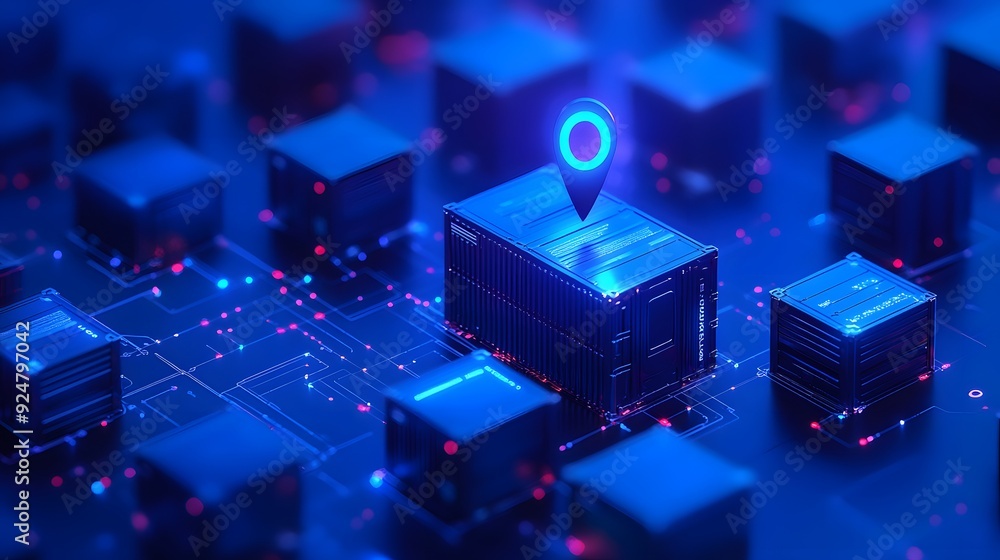 Poster futuristic server data center with glowing blue highlights and digital technology elements, illustra