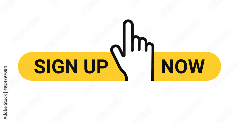 Poster sign up yellow square button with finger pointer. vector icon
