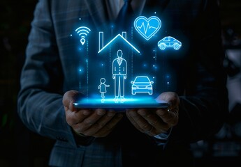 Businessman Using Digital Tablet to Display Hologram of Family and Icons.