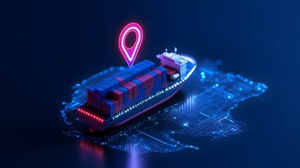 Fototapeta premium Futuristic ship tracking and logistics concept, with a cargo ship, digital map, and glowing location marker in a technological setting.