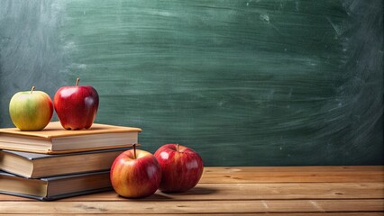 A scholarly scene set in September, featuring books, apples, and a chalkboard background