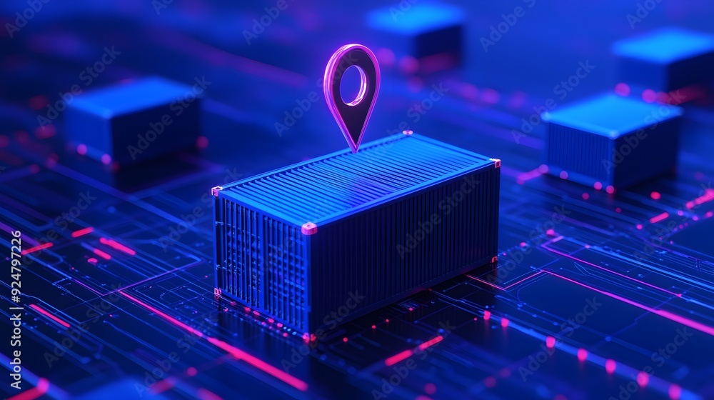 Aufkleber futuristic technology concept of digital container tracking with neon lights and location pin on a d