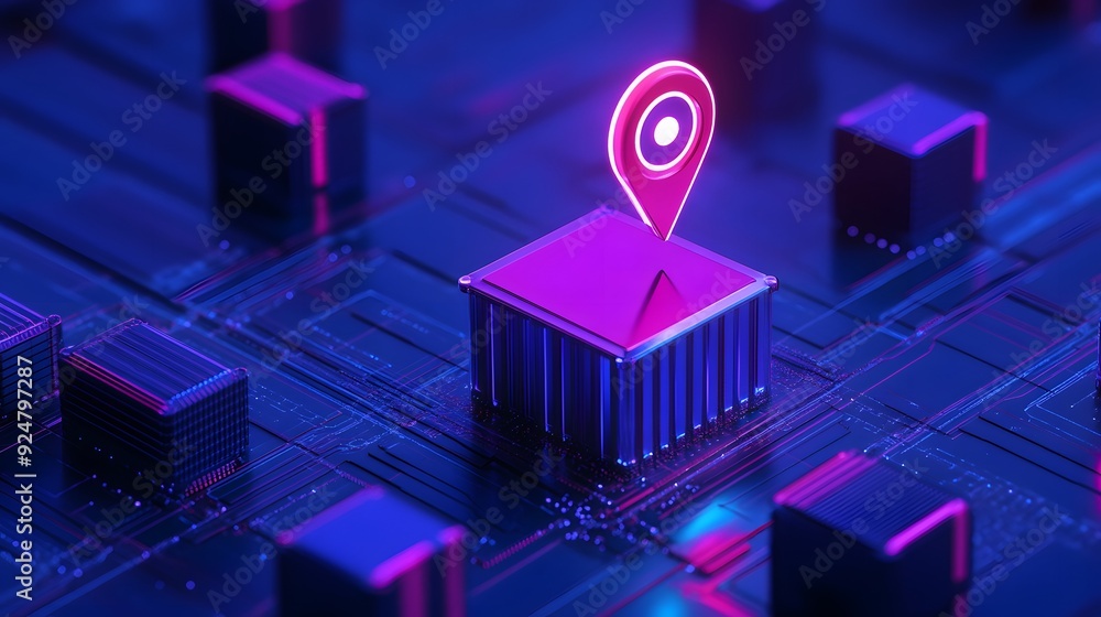 Aufkleber futuristic technology concept with a pink glowing location pin on a dark digital circuit board. adva