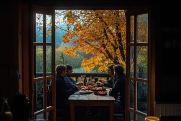 Naklejka premium Gathering around a rustic table, enjoying a warm meal while trees adorned in autumn leaves provide a stunning backdrop. A cozy indoor setting. Generative AI