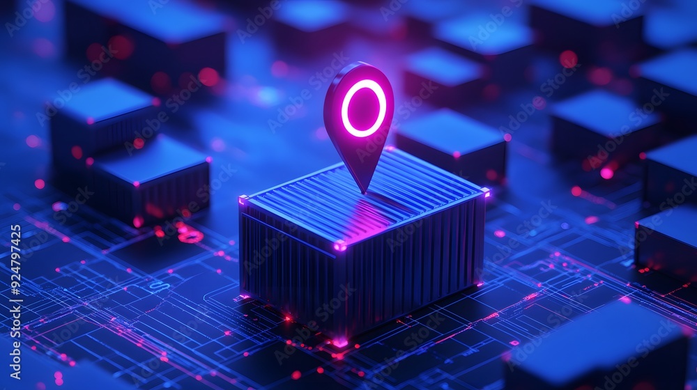 Poster futuristic technology concept with glowing location pin on a chip in a digital landscape, signifying