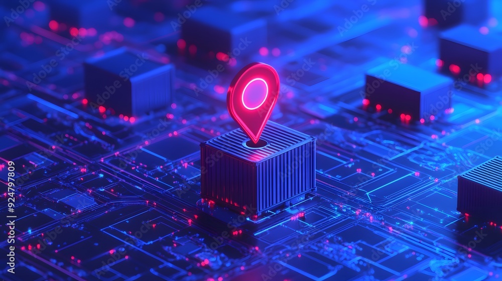 Poster high-tech circuit board with 3d map pin. concept of location tracking, digital navigation, and techn