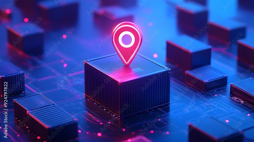 Poster high-tech concept image featuring a glowing location pin on a futuristic circuit board, symbolizing 