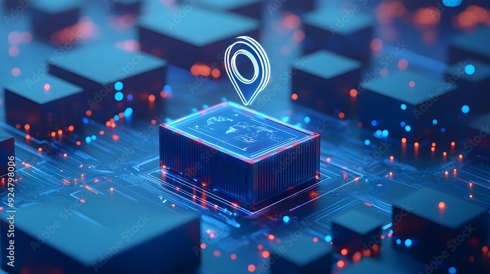 Poster high-tech illustration of a future technology circuit board with a location pin icon representing di