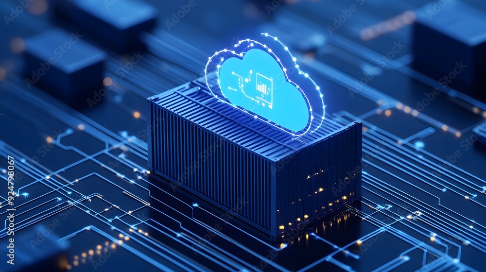 Poster modern digital technology: a cloud symbol atop a server depicting cloud computing and data processin