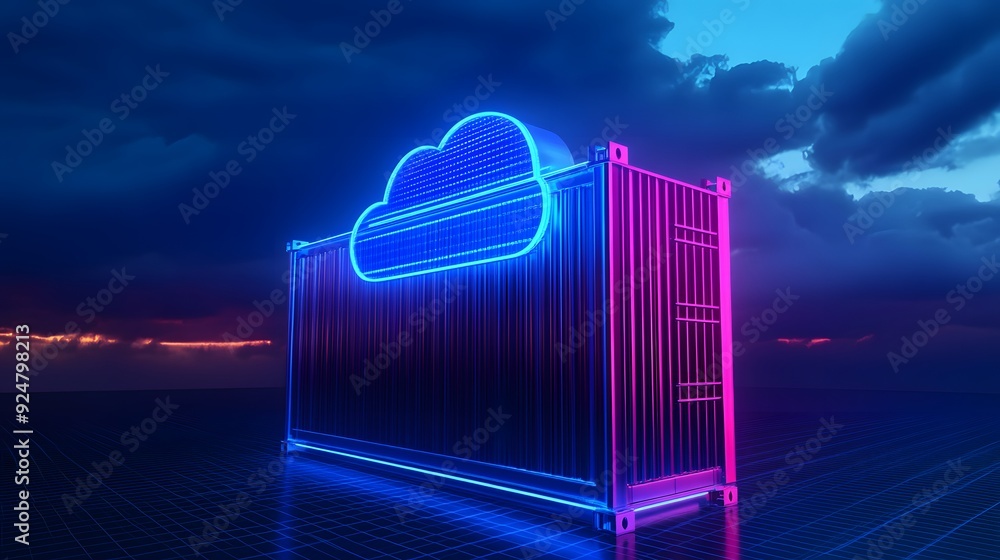 Aufkleber neon cloud icon illuminated shipping container under stormy sky, symbolizing cloud computing and dat