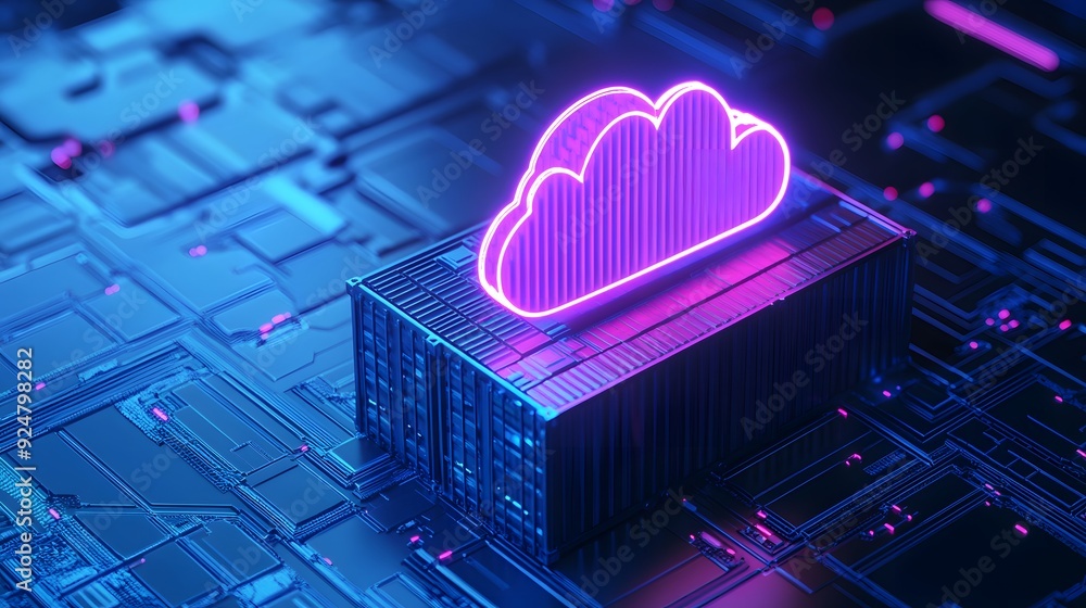 Poster neon cloud icon on a futuristic circuit board, symbolizing digital cloud computing and modern techno