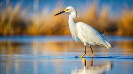 Fototapeta premium Snowy Egret wading through shallow water with precise focus on hunting for food, Snowy Egret, wading, shallow water, hunting