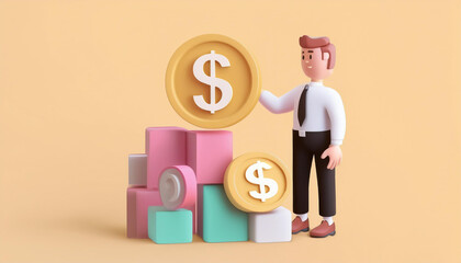 A cartoon businessman stands beside colorful blocks and coins, symbolizing finance and investment creativity.