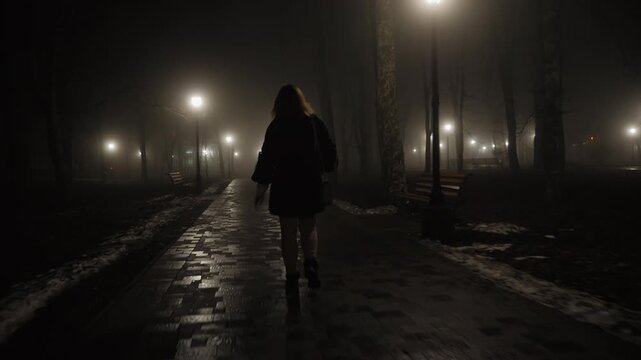 Woman returning home at night through city foggy park at night